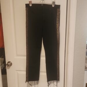 MOTHER Womans Guilty Black Denim Beaded Leg Ankle Fray Raw Hem Straight Leg